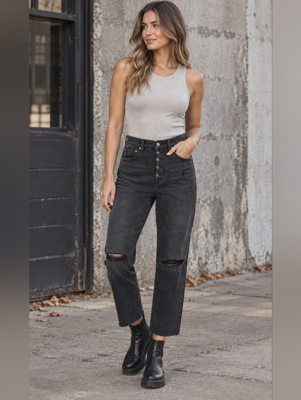 Pistola Keaton Jeans 29 Black High Rise Distressed Straight Leg Grunge Edgy